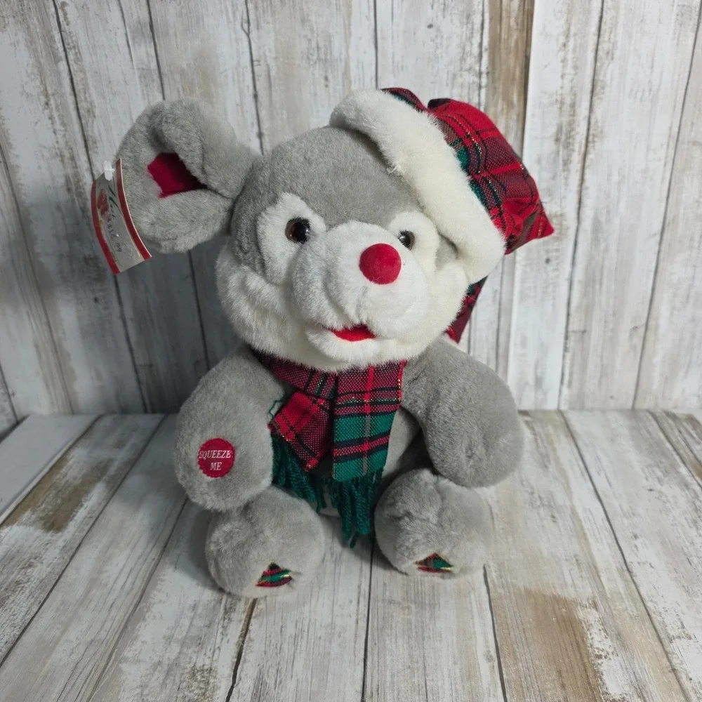 Ashten Racks Christmas Mouse Plush Grey Plaid Santa Hat Scarf Squeeze Me 12 Inch